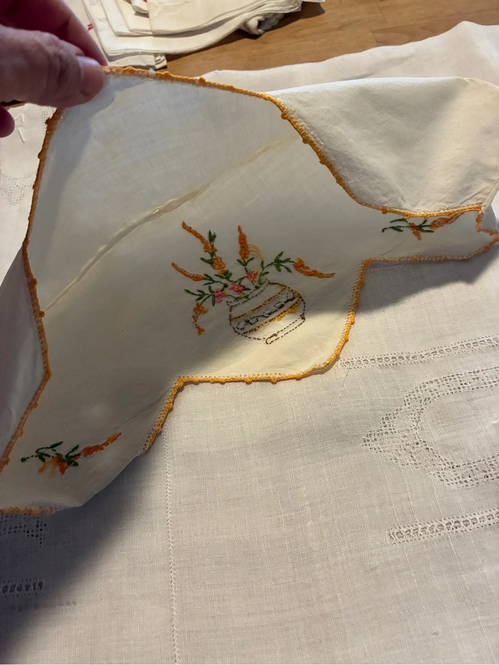 Vintage Embroidered Linen Doilies Set - Basket covers and Bun Warmer Covers